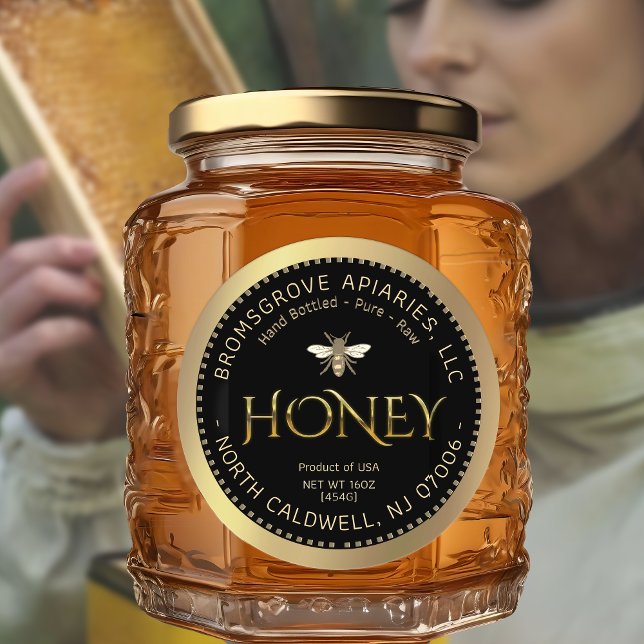 Metallischer Gold Honig auf Schwarz mit Bienen und Runder Aufkleber (Von Creator hochgeladen)