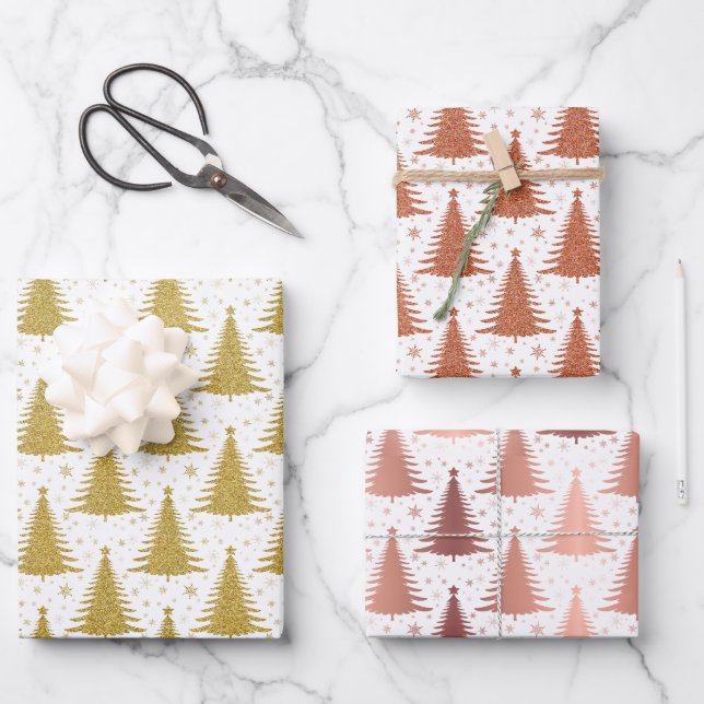 Metallischer Gold Weihnachtsbaumen Muster Glitzer Geschenkpapier Set (Vorderseite)