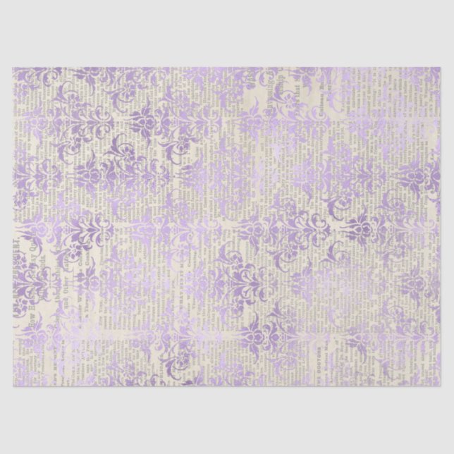 Metallischer Lavendel Damask auf Newsprint Decoupa Seidenpapier (Vorderseite)