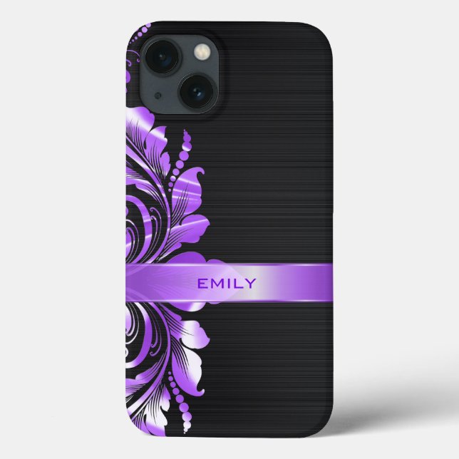 Metallischer Lila floraler Swirl Schwarzer Hinterg Case-Mate iPhone Hülle (Rückseite)