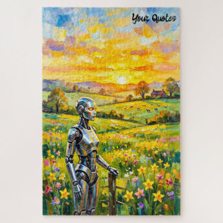 Metallischer Roboter im Sonnenuntergangswiesen-Ölg Puzzle
