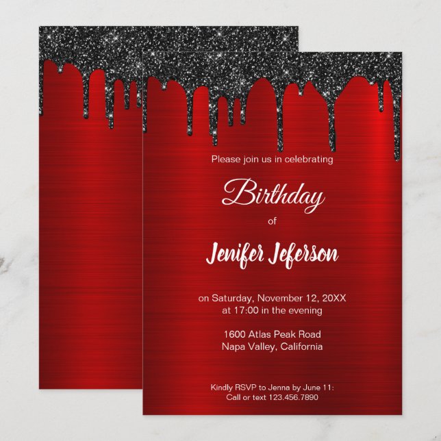 Metallischer roter Glitzer Einladung zum Geburtsta (Vorne/Hinten)