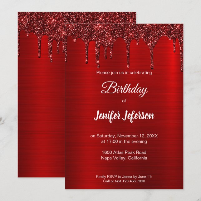 Metallischer roter Glitzer Einladung zum Geburtsta (Vorne/Hinten)