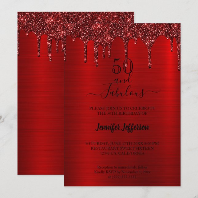 Metallischer roter Glitzer Einladung zum Geburtsta (Vorne/Hinten)