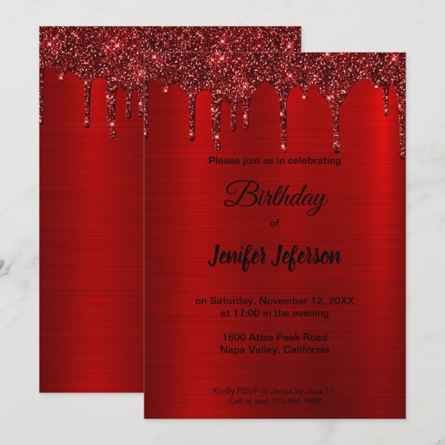 Metallischer roter Glitzer Einladung zum Geburtsta (Vorne/Hinten)