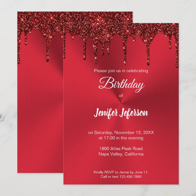 Metallischer roter Glitzer Einladung zum Geburtsta (Vorne/Hinten)