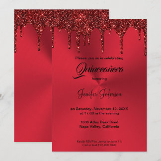 Metallischer roter Glitzer Quinceanera Einladung