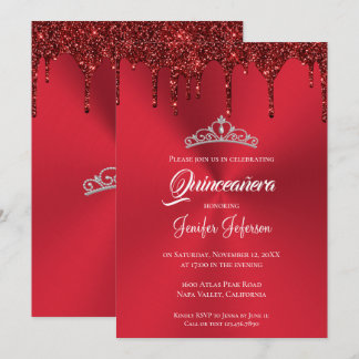 Metallischer roter Glitzer Quinceanera Einladung
