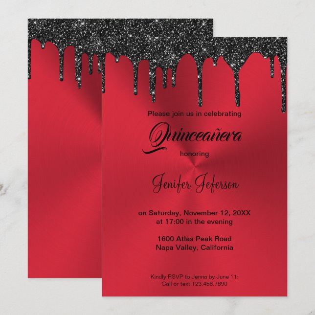 Metallischer roter Glitzer Quinceanera Einladung (Vorne/Hinten)