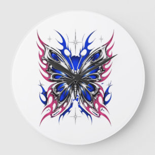 Metallischer Schmetterling Blau Rosa Flügel – Goth Große Wanduhr