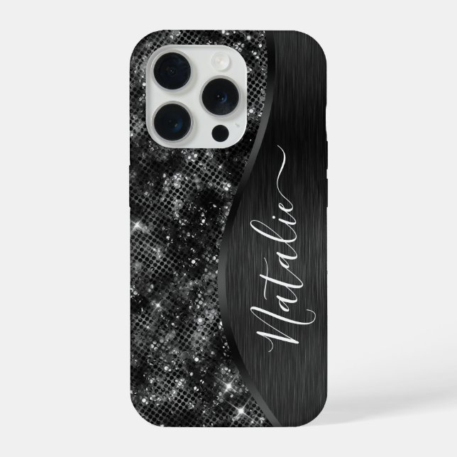 Metallischer Schwarzer Glitzer Personalisiert iPhone Hülle (Rückseite)