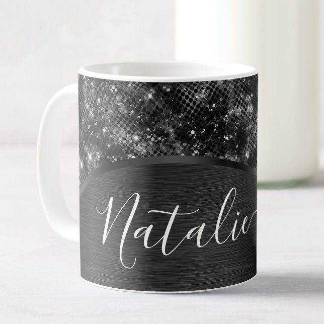 Metallischer Schwarzer Glitzer Personalisiert Kaffeetasse (Von Creator hochgeladen)