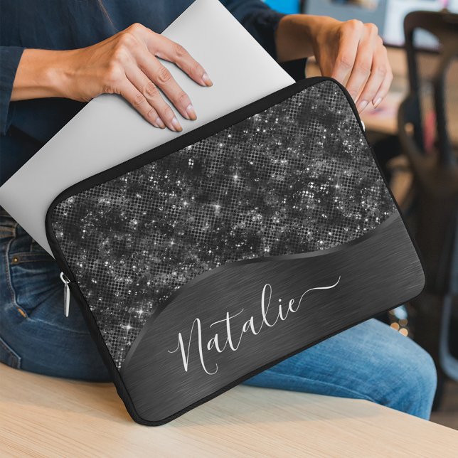 Metallischer Schwarzer Glitzer Personalisiert Laptopschutzhülle (Von Creator hochgeladen)