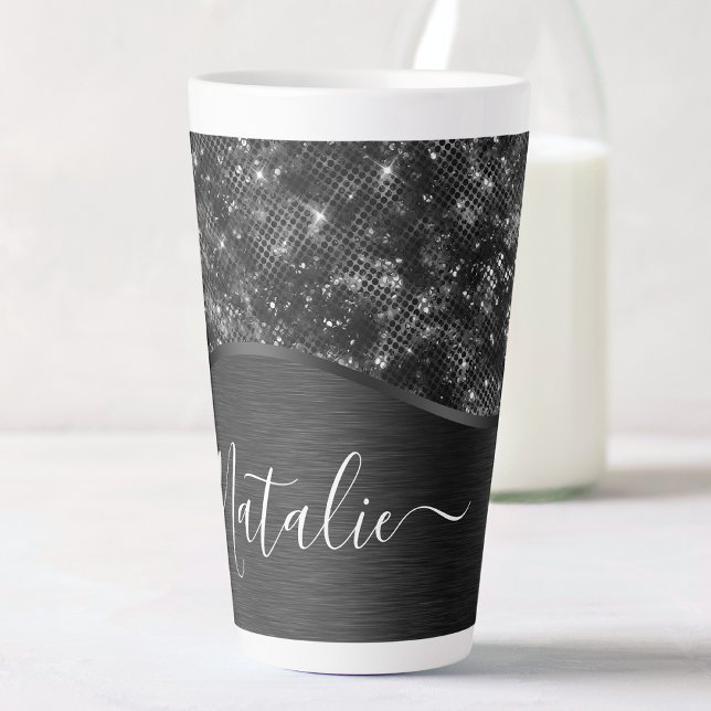 Metallischer Schwarzer Glitzer Personalisiert Milchtasse (Von Creator hochgeladen)