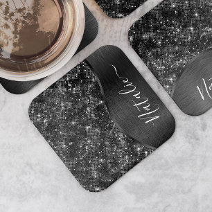 Metallischer Schwarzer Glitzer Personalisiert Rechteckiger Pappuntersetzer