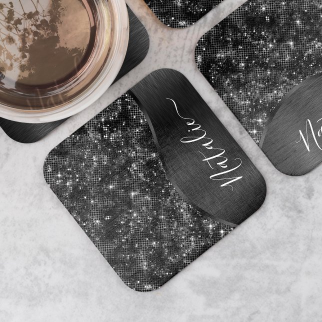 Metallischer Schwarzer Glitzer Personalisiert Rechteckiger Pappuntersetzer (Von Creator hochgeladen)