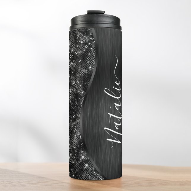 Metallischer Schwarzer Glitzer Personalisiert Thermosbecher (Von Creator hochgeladen)