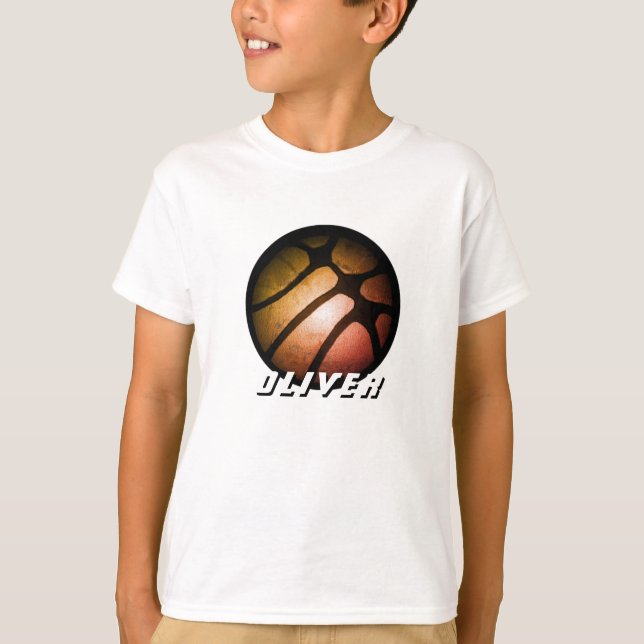 Metallischer schwarzer Orange Basketball Ball Name T-Shirt (Vorderseite)