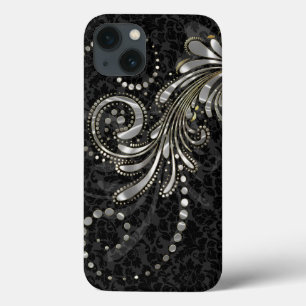 Metallischer Silbergrauer Blumenwirbel auf schwarz Case-Mate iPhone Hülle