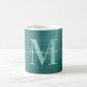 Metallisches Aqua-Aquamarin-Signature-Monogramm Kaffeetasse