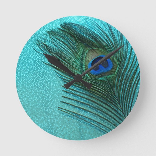 Metallisches Aqua-blaue Pfau-Feder Runde Wanduhr (Vorderseite)