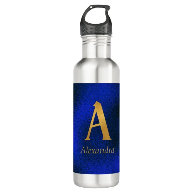 Metallisches Blau und Gold Monogramm A Edelstahlflasche (Vorderseite)