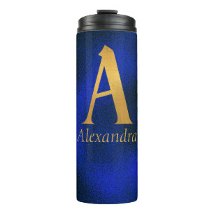 Metallisches Blau und Gold Monogramm A Thermosbecher