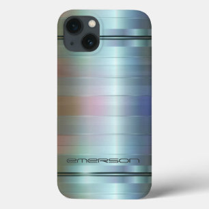 Metallisches Blaugraues Streifen-Muster Monogramm iPhone 13 Hülle