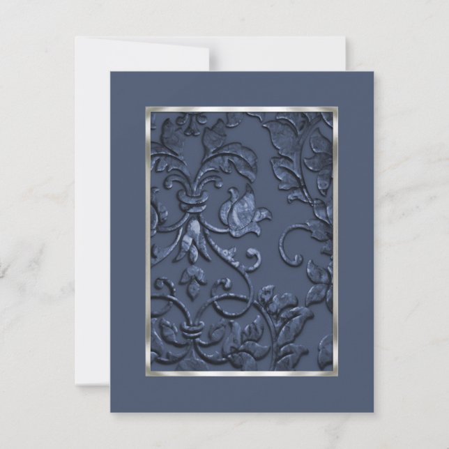 Metallisches Embossed Look Damask in Slate Blue Save The Date (Vorderseite)