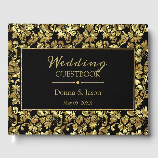 Metallisches Gold Damask Muster Gästebuch (Vorderseite)