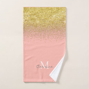 Metallisches Gold Glitzer Regen + Rose Quarzmonogr Badhandtuch Set