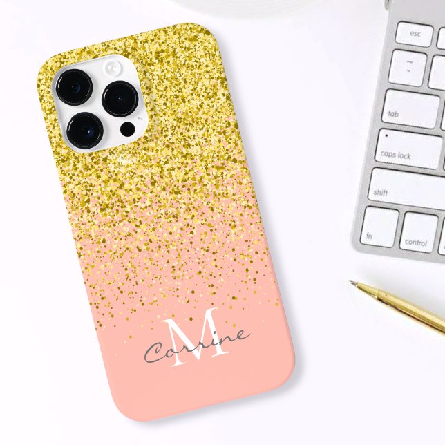 Metallisches Gold Glitzer Regen + Rose Quarzmonogr Case-Mate iPhone Hülle (Von Creator hochgeladen)