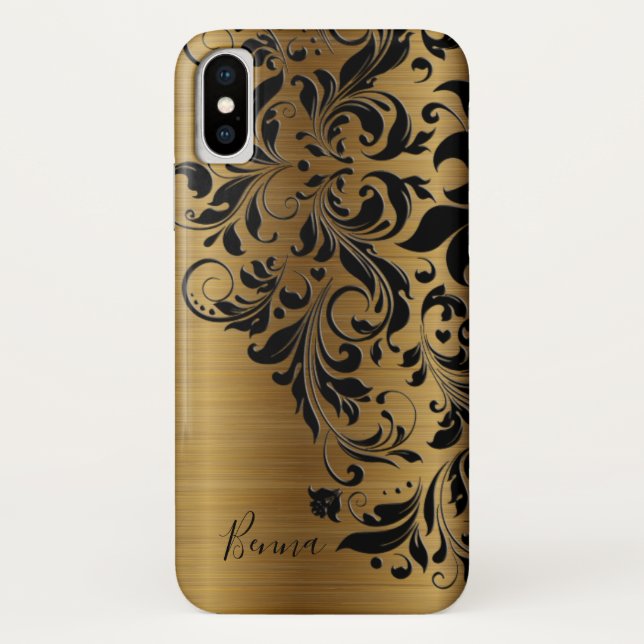 Metallisches Gold Print & Black Floral Lace Case-Mate iPhone Hülle (Rückseite)