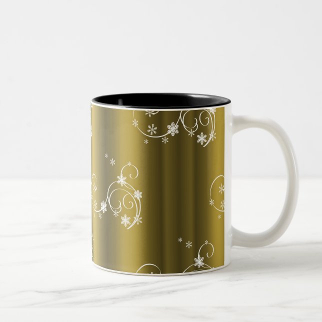 Metallisches Gold, weiße Wirbel Weihnachten Zweifarbige Tasse (Rechts)