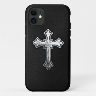 Metallisches Kruzifix auf schwarzem Leder iPhone 11 Hülle