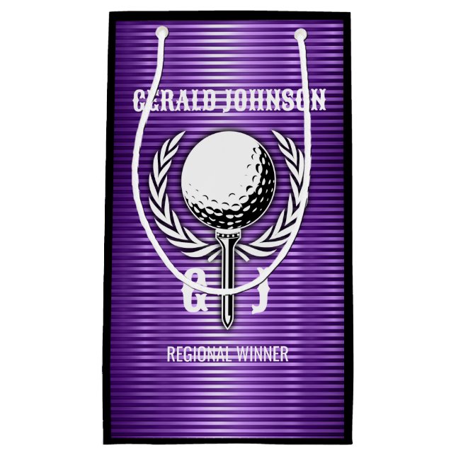 Metallisches Lila Lines Golf Monogram Design Kleine Geschenktüte (Vorderseite)