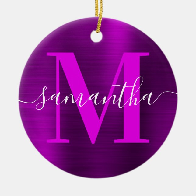 Metallisches Magenta Lila Signature Monogram Foto Keramik Ornament (Vorne)