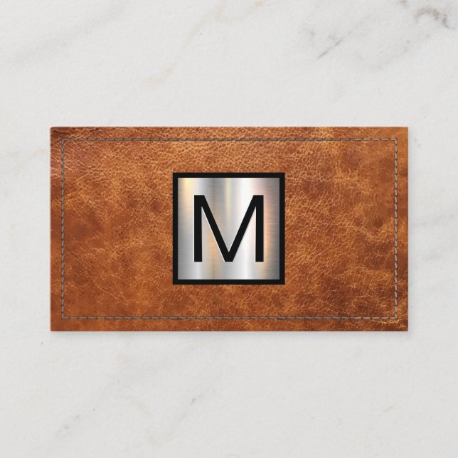 Metallisches Monogramm-Banner | Stitched Brown Lea Visitenkarte (Vorderseite)