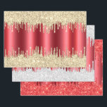 Metallisches Red Christmas Dripping Glitzer Combo  Geschenkpapier Set<br><div class="desc">Diese glänzende Geschenkverpackung hat eine metallische Imitat-Folie mit festem roten Untergrund,  mit bedruckten Glitzer-Tropfen,  die von beiden Seiten einströmen. ein Blatt Glitzer,  ein Platin Silber,  und eines aus knallrotem Tropfen Glitzer.</div>