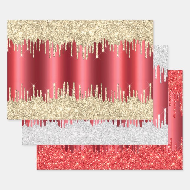 Metallisches Red Christmas Dripping Glitzer Combo  Geschenkpapier Set (Set)