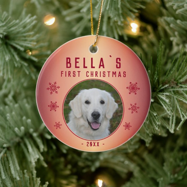 Metallisches Red Snowflake Puppy Foto Keramik Ornament (Baum)