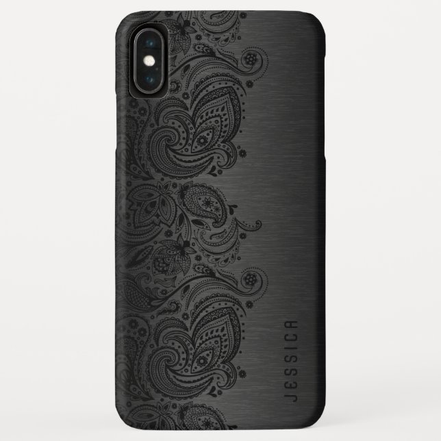 Metallisches Schwarz mit schwarzer Paisley-Spitze Case-Mate iPhone Hülle (Rückseite)