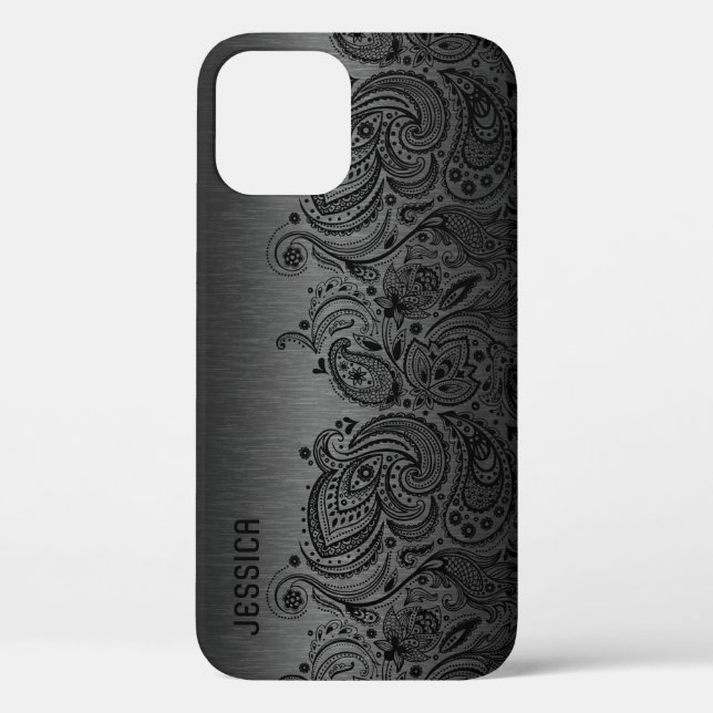 Metallisches Schwarz mit schwarzer Paisley-Spitze Case-Mate iPhone Hülle (Rückseite)