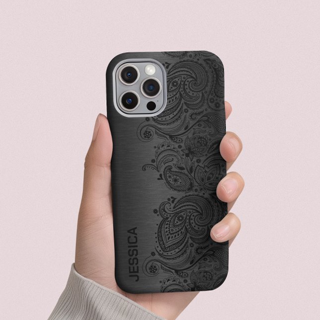 Metallisches Schwarz mit schwarzer Paisley-Spitze Case-Mate iPhone Hülle (Von Creator hochgeladen)