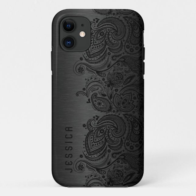 Metallisches Schwarz mit schwarzer Paisley-Spitze Case-Mate iPhone Hülle (Rückseite)