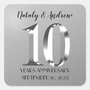 Metallisches Silber 10. Hochzeitstag Quadratischer Aufkleber
