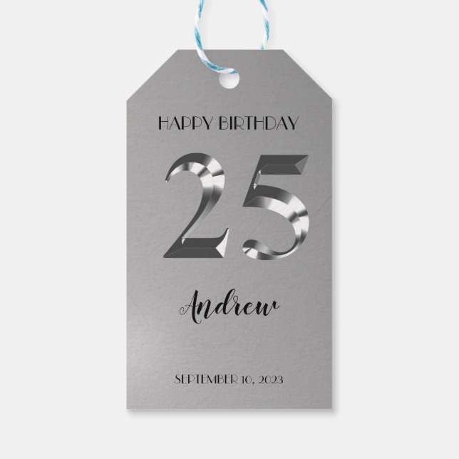 Metallisches Silber 25. Geburtstag Geschenkanhänger (Rückseite)