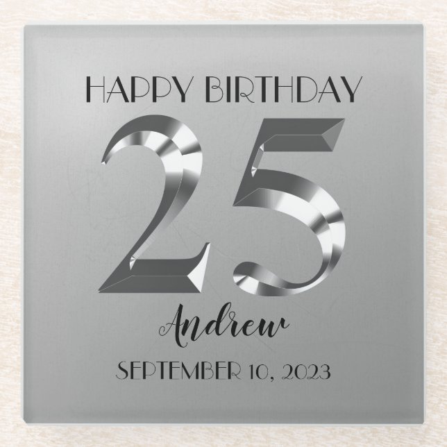 Metallisches Silber 25. Geburtstag Glasuntersetzer (Vorderseite)