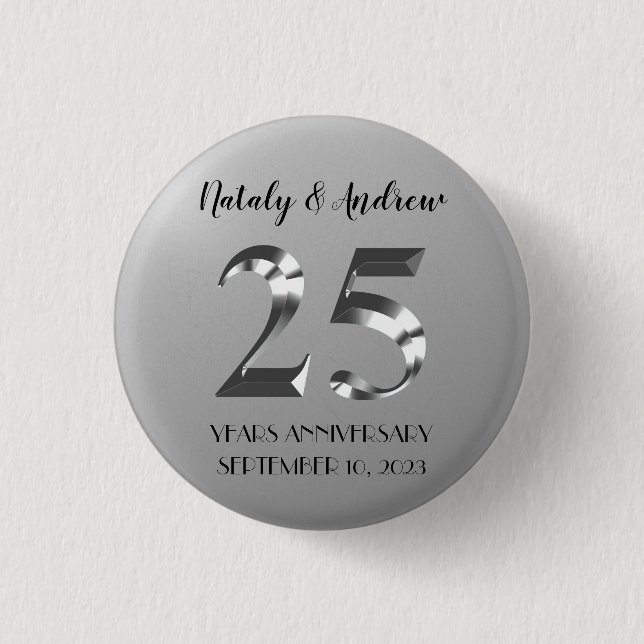 Metallisches Silber 25. Hochzeitstag Button (Vorderseite)