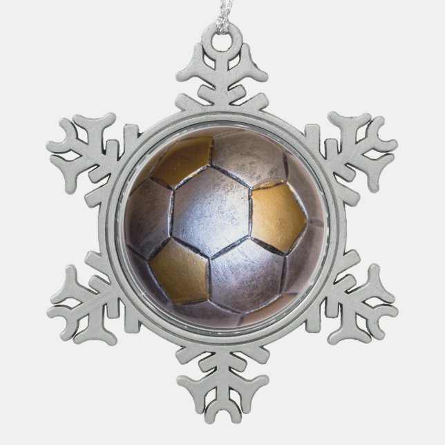 Metallisches Silber & Gold-Fußball Schneeflocken Zinn-Ornament (Vorderseite)